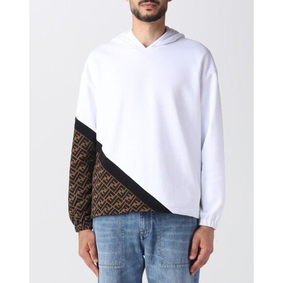Fendi Men's White Monogram Insert Hoodie Sweatshirt Jersey White Brown Size S NW - Picture 2 of 14